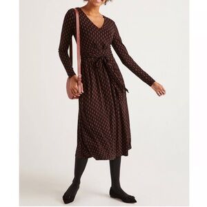 Boden Fern Print Jersey Midi Dress 8R Black Rust Tie Waist Long Sleeve